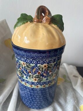 Unikat Canister - Cookie JarBlue Floral Ceramic Canister- Made In Poland
